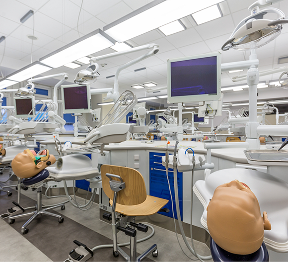 Row of practice treatment stations in a dental training facility