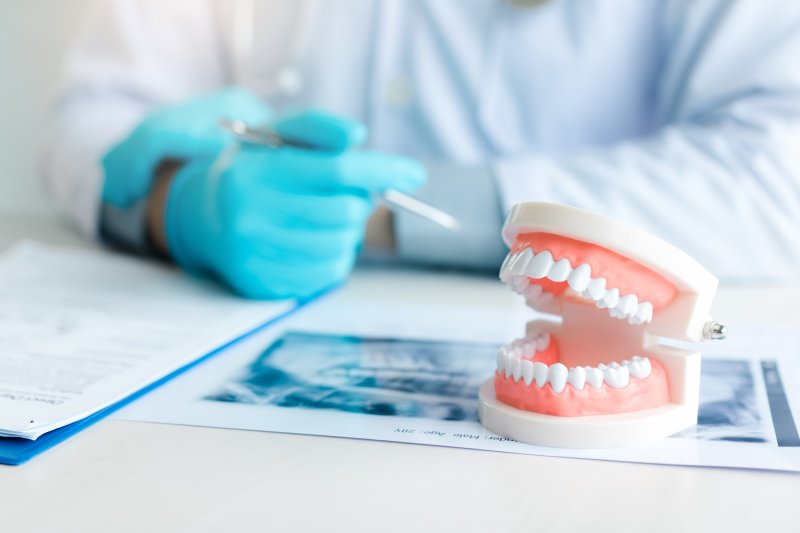 Close-up of dentures on desk.